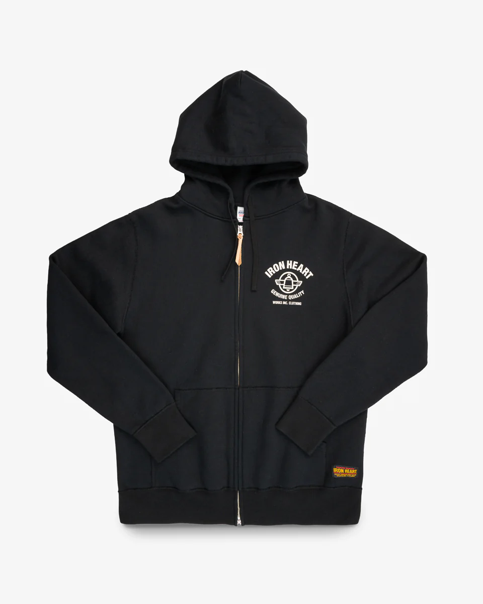 Printed 14oz Ultra Heavyweight Loopwheel Cotton Zippered Hoodie - Black