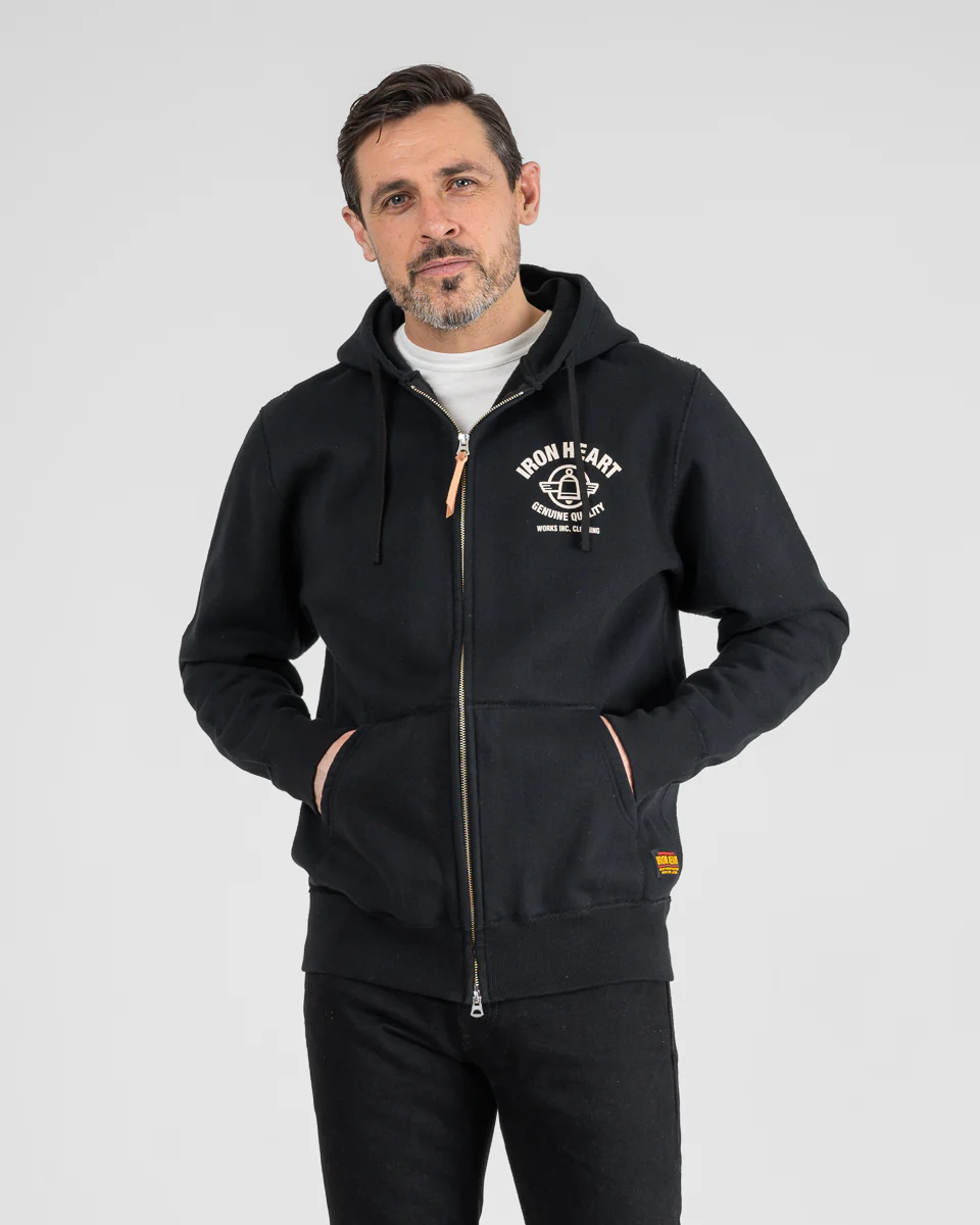 Printed 14oz Ultra Heavyweight Loopwheel Cotton Zippered Hoodie - Black