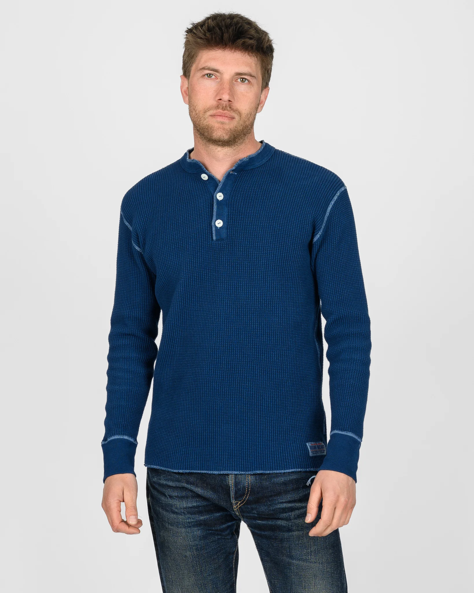 Waffle Knit Long Sleeved Thermal Henley - Indigo Dyed