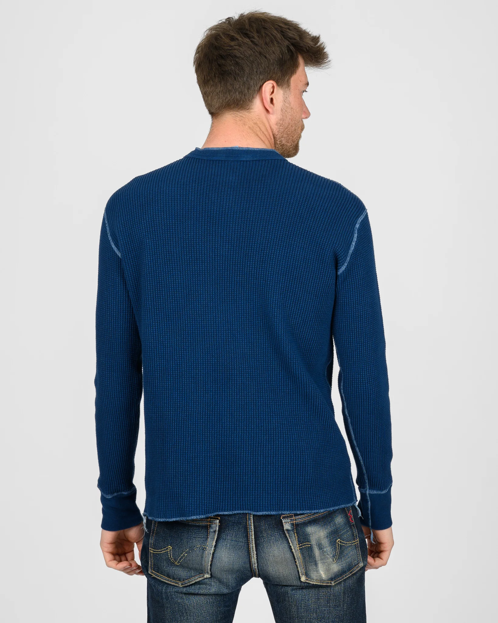 Waffle Knit Long Sleeved Thermal Henley - Indigo Dyed