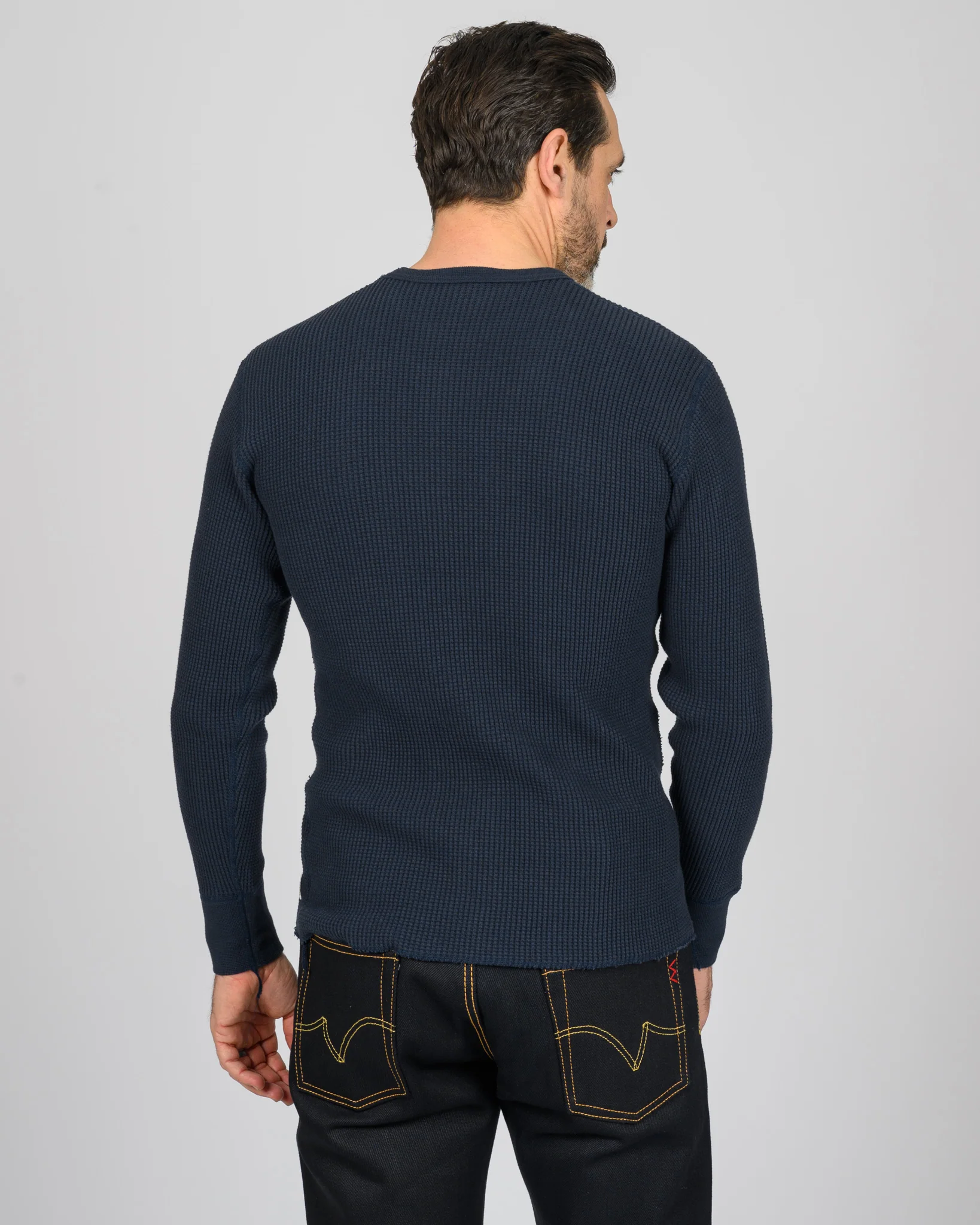 4669-waffle-knit-long-sleeved-crew-neck-thermal-top-navy-3.webp Waffle Knit Long Sleeved Crew Neck Thermal Top - Navy