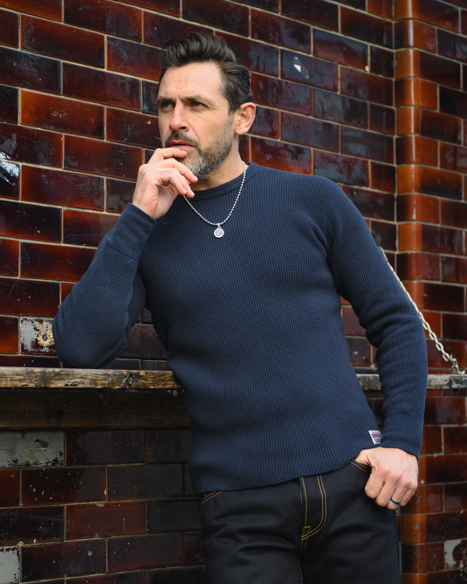 4669-waffle-knit-long-sleeved-crew-neck-thermal-top-navy-4.webp Waffle Knit Long Sleeved Crew Neck Thermal Top - Navy