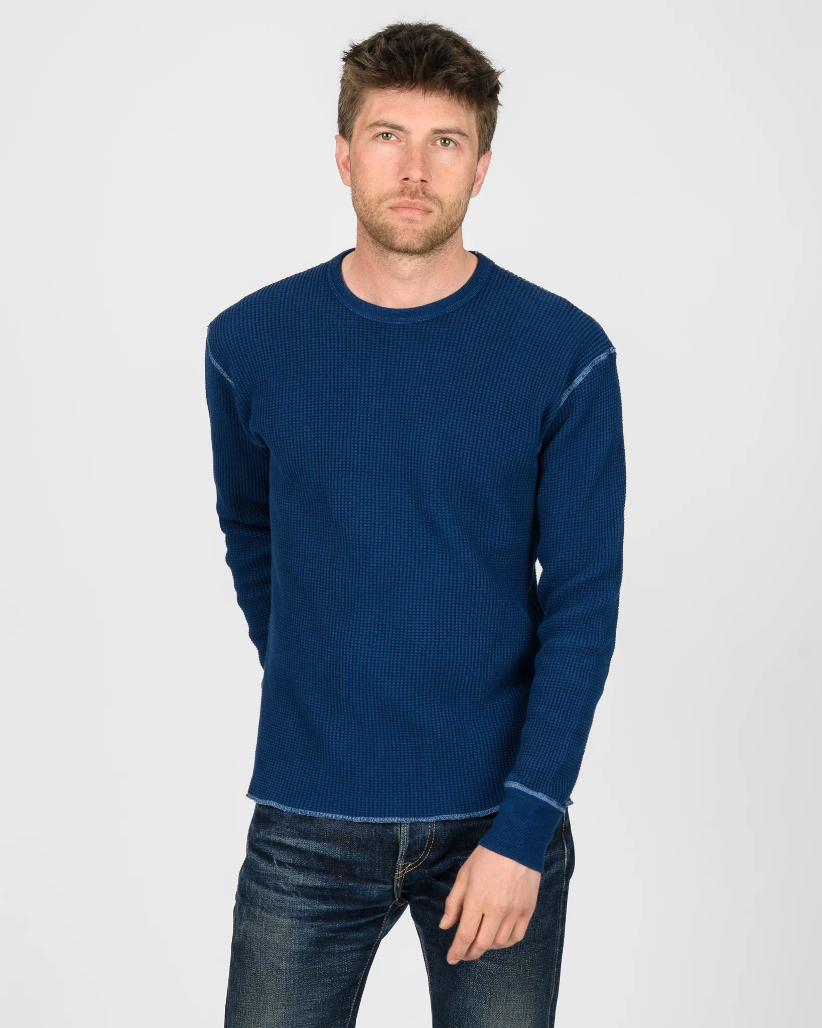Waffle Knit Long Sleeved Crew Neck Thermal Top - Indigo Dyed